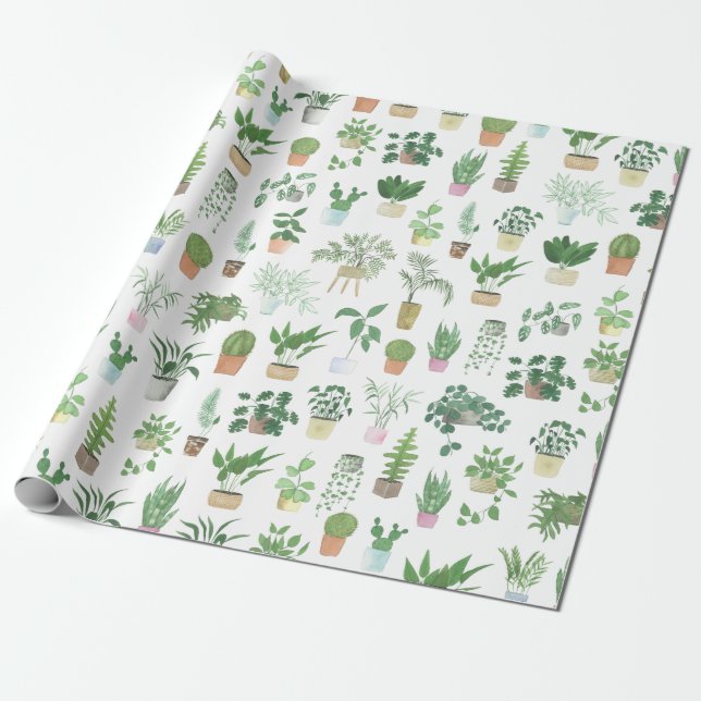 Plantita House Plants and Pots Pattern Wrapping Paper (Unrolled)