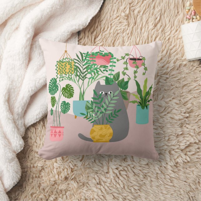 Plants Cat Throw Pillow (Blanket)