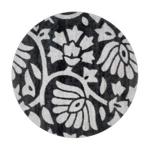 Plants, flowers, abstract black-white tablecloth. cutting board