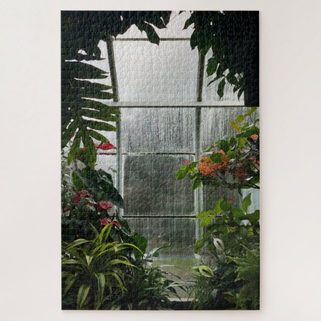 Plants Inside Greenhouse on Rainy Day Jigsaw Puzzle (Vertical)