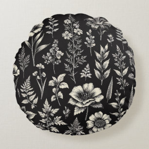 Plants, Leaves and Flowers Natural History Round Pillow