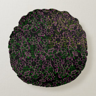 Plants pattern.14C Pink Floral Black BG Round Pillow