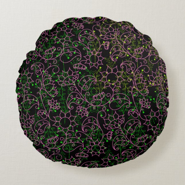 Plants pattern.14C Pink Floral Black BG Round Pillow (Front)