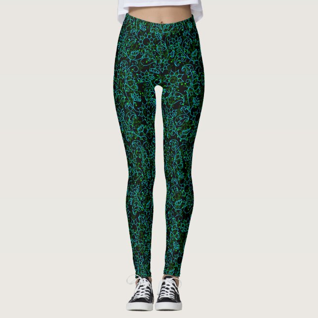 Plants pattern.14D Green floral Black BG Leggings (Front)