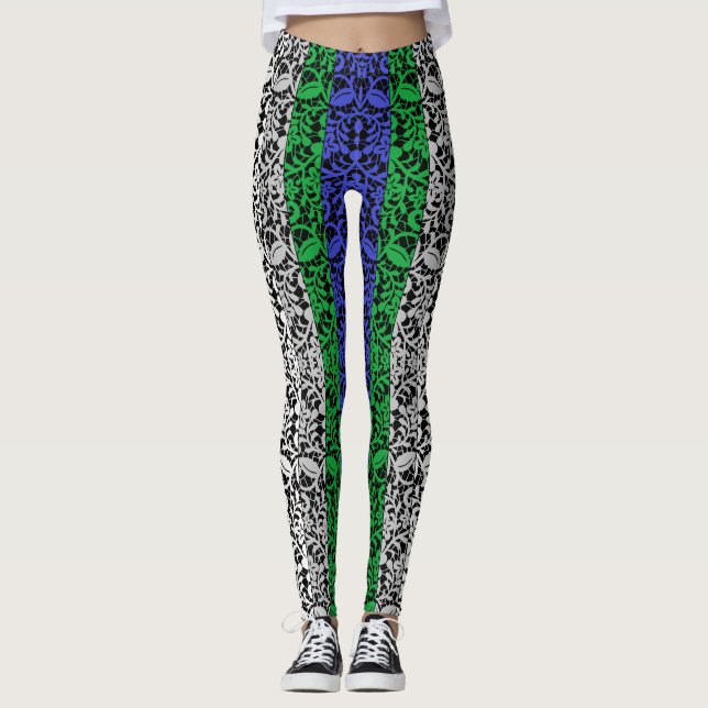 Plants pattern Blue and Green A07.b Black BG  Leggings (Front)