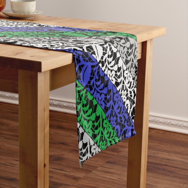 Plants pattern Blue and Green A07.b Black BG Short Table Runner (In Situ)