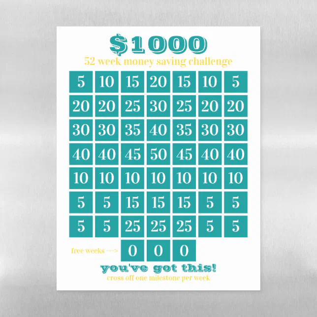 Plaque Aimantée Effaçable $1000 défi d'économie d'argent de 52