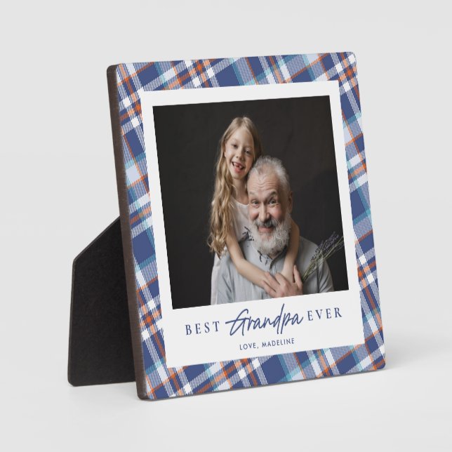 Plaque bleue Orange Plaid Meilleur Grand-Père Jama (Recto)