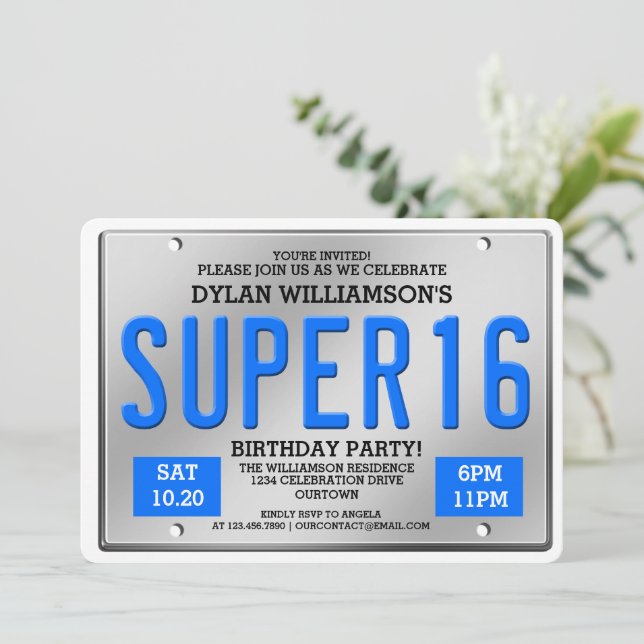 Plaque de licence bleue Super 16 Invitations de pa (Debout devant)