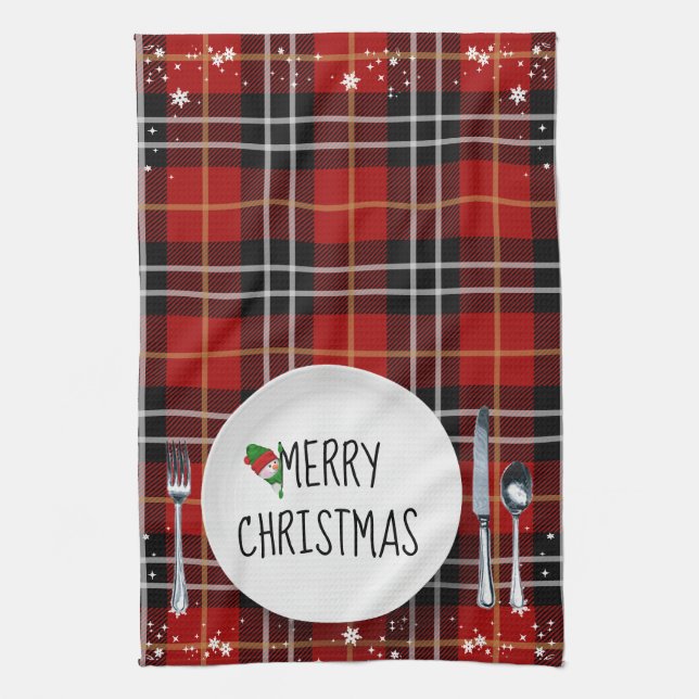 Plaque De Noël Sur Tartan Plaid Serviette De Cuisi (Vertical)