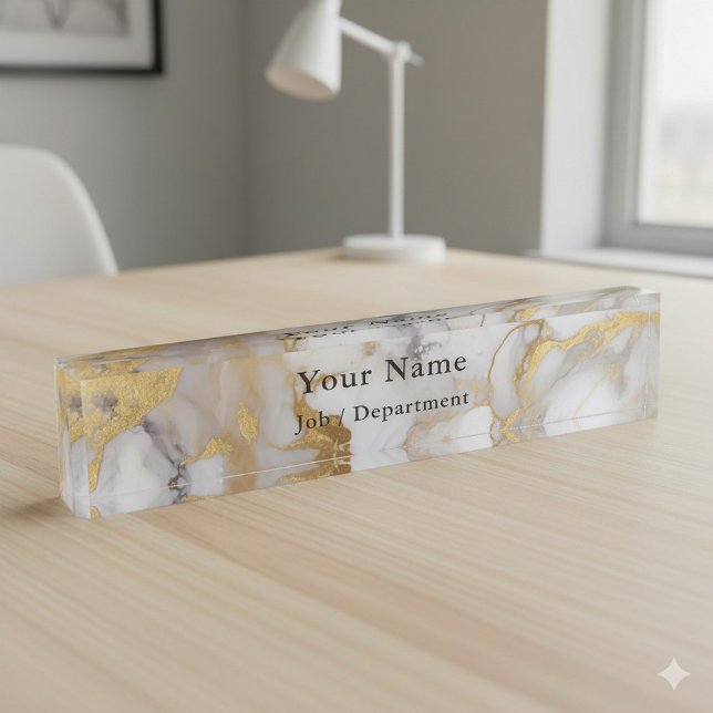 Plaque de nom de bureau de bureau en marbre blanc  (Gold and white marble effect office desk name plate.)