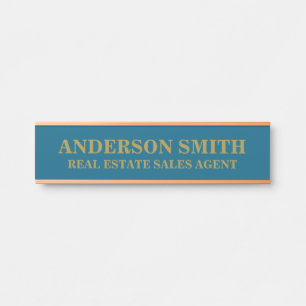 Plaque de nom de bureau moderne bleu or profession