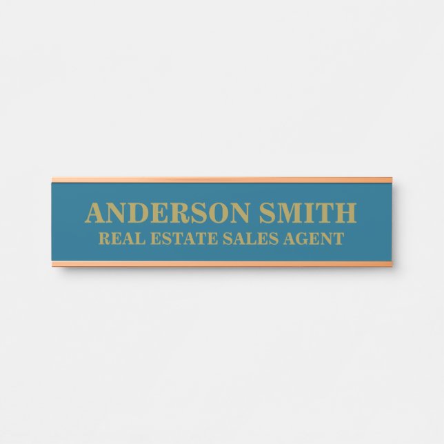 Plaque de nom de bureau moderne bleu or profession (Devant)