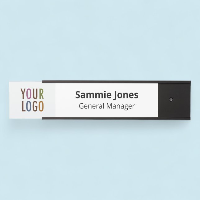 Plaque de nom de porte interchangeable avec logo n (MISOOK Black Nameplate with Logo. Name on White Background.)