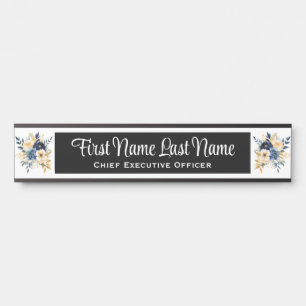 Plaque de nom florale bleue et or pour porte de bu