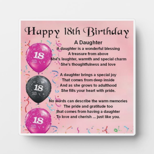 Plaque de poème 18e anniversaire fille (Devant)