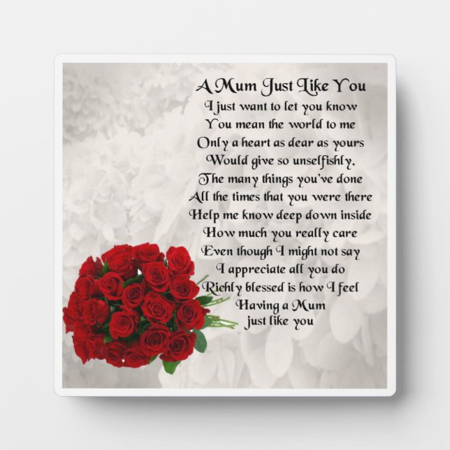 Plaque de poème maman - Design de roses rouges (Devant)