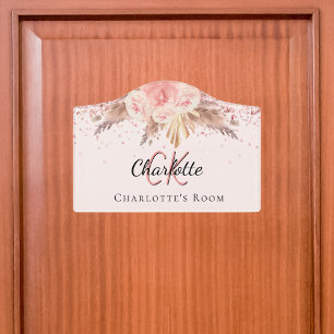 Plaque De Porte Pampas herbe rose pâle nom monogramme