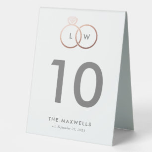 Plaque De Table Anneaux de Mariage or Rose moderne Numéro de table