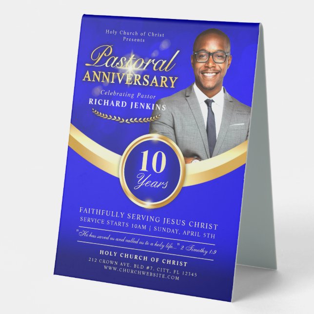 Plaque De Table Anniversaire pastoral Bleu & Gold Church (Recto)