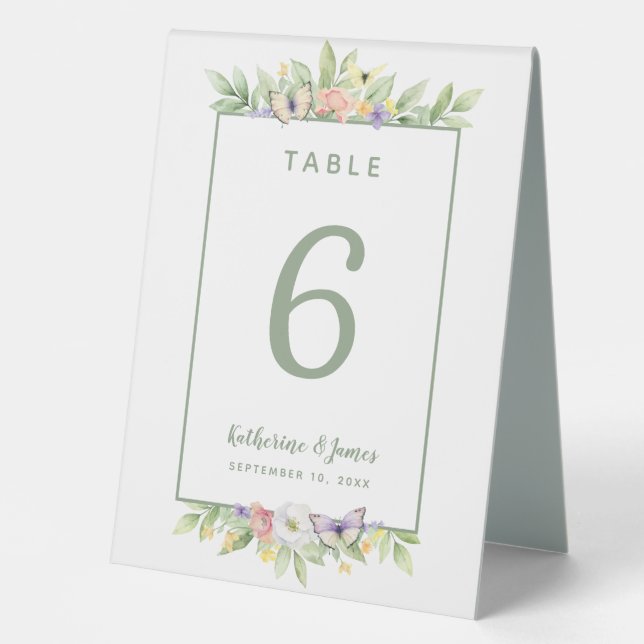 Plaque De Table Aquarelle Fleurs Papillons Mariage Sage Vert (Recto)