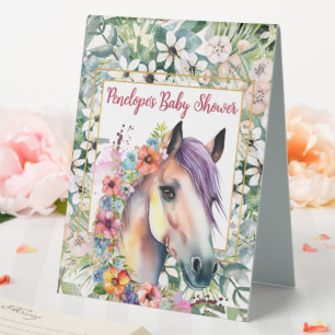 Plaque De Table Aquarelle Floral Horse Baby shower