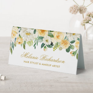 Plaque De Table Aquarelle Jaune Blanc Floral Or Nom Signal