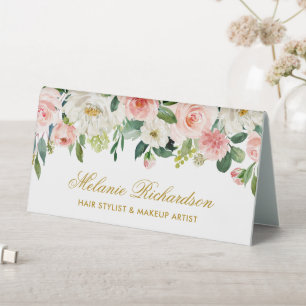 Plaque De Table Aquarelle Pink White Floral Gold Name Sign