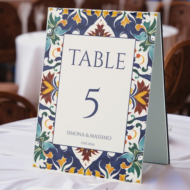 Plaque De Table Azulejo bleu portugais mariage méditerranéen (Azulejo blue Portuguese tiles Mediterranean Morocco boho style wedding Table Tent Sign table decor)