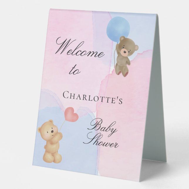 Plaque De Table Baby shower ours en peluche bleu rose sexe révéler (Recto)