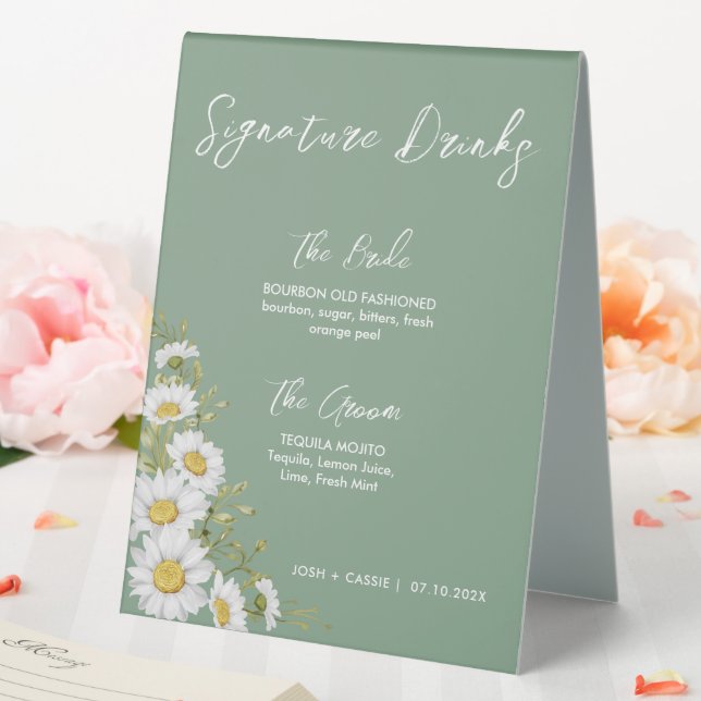 Plaque De Table Basil Green & White Daisies Signature Boissons (In SItu (Mariage))