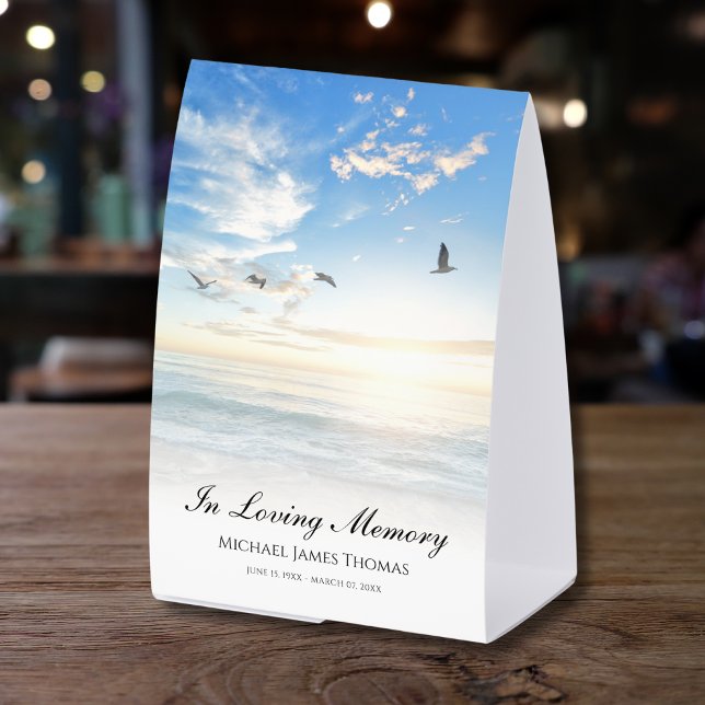 Plaque De Table Beach Ocean Memorial or Funeral Photo Tribute (Beach Memorial Table Tent)