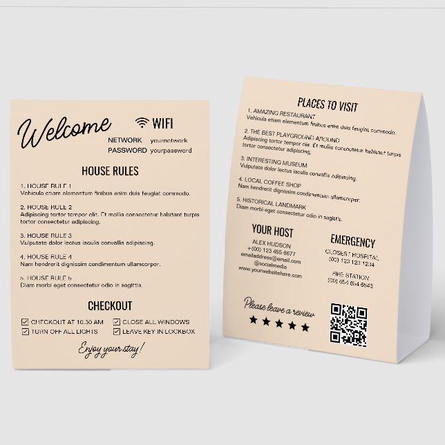 Plaque De Table Beige Black Vacation Rental Wifi Rules Information (Recto/Verso)
