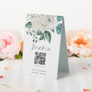 Plaque De Table Blanc Florals Eucalyptus Menu Qr Code Mariage