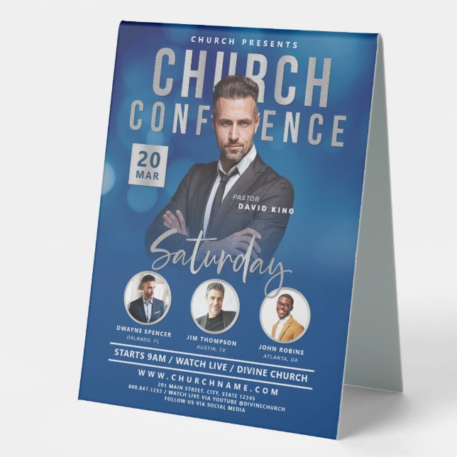 Plaque De Table Blue Bokeh Church Conference Service (Recto)