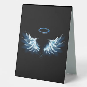 Plaque De Table Blue Glowing Angel Wings on black background