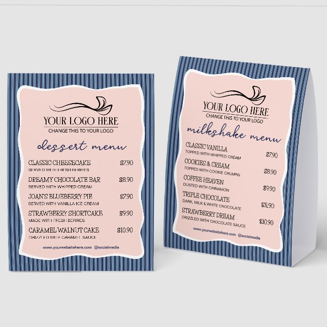 Plaque De Table Blue Stripes Wavy Frame Restaurant Café Menu (Recto/Verso)