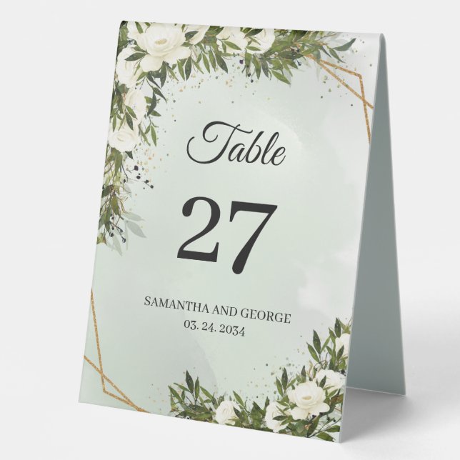 Plaque De Table Boho feuillage vert oliveblanc rose cadre or (Recto)