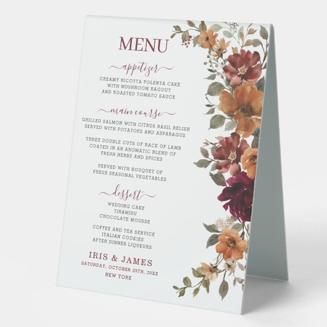 Plaque De Table Burgundy Burnt Orange Floral Mariage Menu Dîner (Recto)