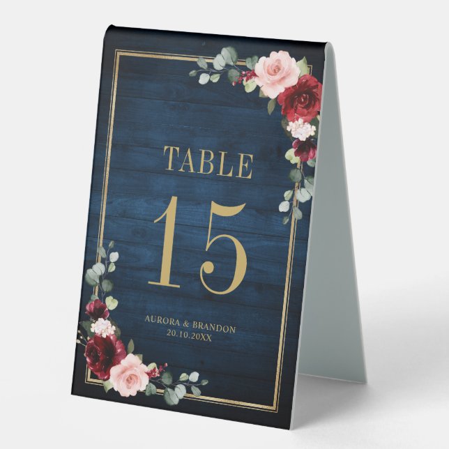 Plaque De Table Burgundy Navy Blush Floral Gold Tableau (Recto)