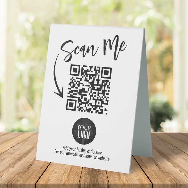 Plaque De Table Business Tabletop QR Code Modern Logo Scan Me (Double-sided "Scan Me" QR code with your logo sign)