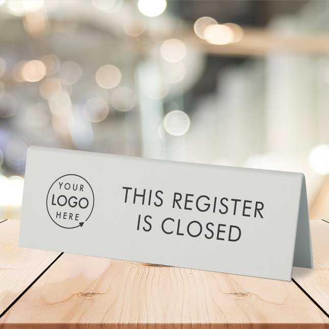 Plaque De Table Ce registre est fermé | Logo d'entreprise gris (Branded "this register is  closed" table tent signs for retail stores checkout experience.)
