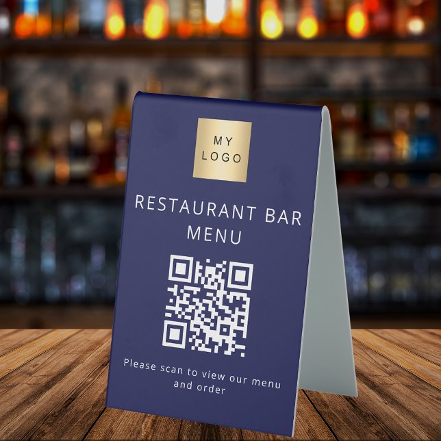 Plaque De Table Code QR bleu marine restaurant café bar menu scan (Créateur téléchargé)