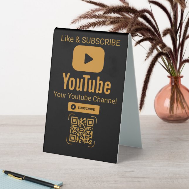 Plaque De Table Code QR d'abonnement YouTube or noir (En SItu (Tableau))