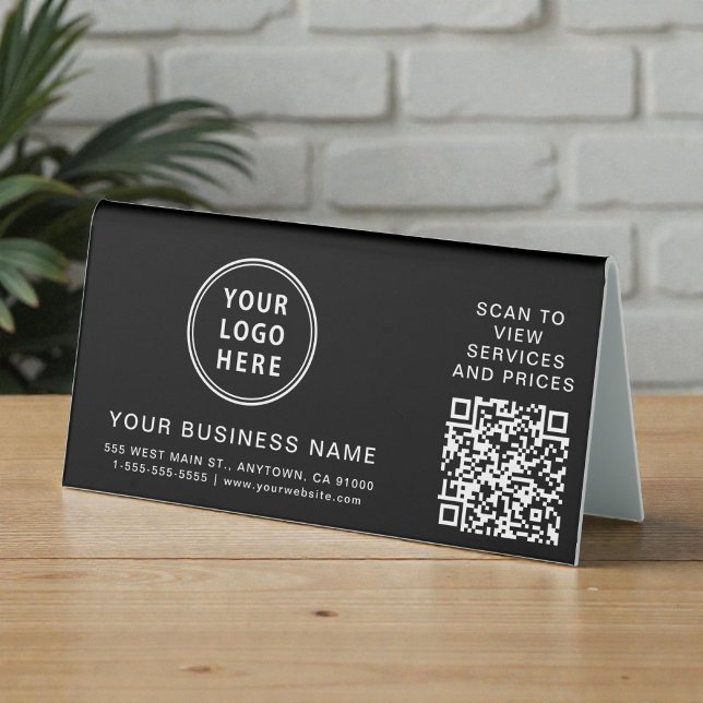 Plaque De Table Code QR de logo d'entreprise moderne noir (Modern Business Logo QR Code Black Table Tent)