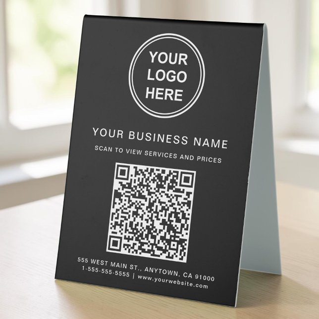 Plaque De Table Code QR du logo d'entreprise noir (Business Logo QR Code Black Table Tent)
