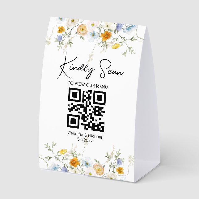 Plaque De Table Code QR Menu de Mariage Écriture Élégante floral  (Recto)