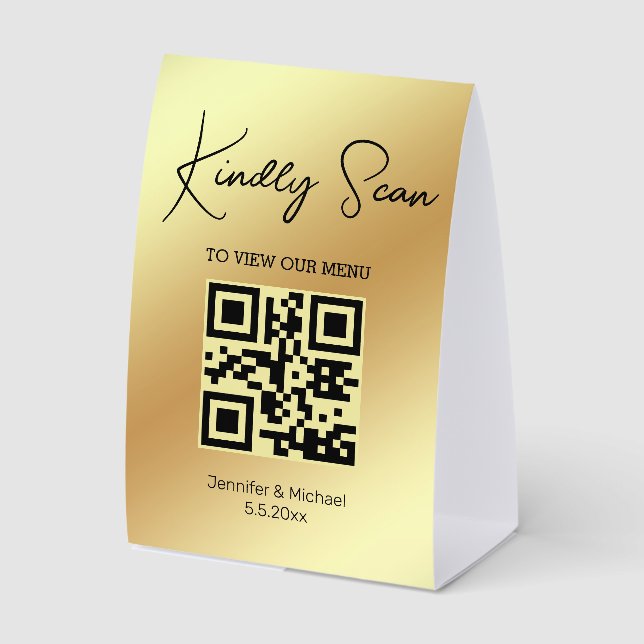 Plaque De Table Code QR Menu de Mariage Écriture Élégante Or  (Recto)