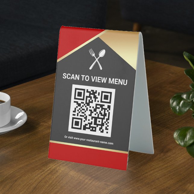 Plaque De Table Code QR Menu Numérique Rouge Or pour Restaurants (Créateur téléchargé)