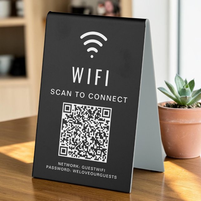 Plaque De Table Code QR Wifi Scan pour se connecter Noir (Wifi QR Code Scan To Connect Black Table Tent)